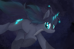 Size: 1500x1000 | Tagged: safe, artist:ahorseofcourse, oc, oc only, oc:orchid, kaiju, kaiju pony, pony, bioluminescent, flowing mane, flowing tail, horn, looking at you, ocean, ponerpics import, scales, smiling, smiling at you, solo, swimming, tail, underwater, water