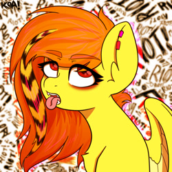 Size: 1500x1500 | Tagged: safe, artist:koapony, oc, oc only, pegasus, pony, bleh, ear piercing, eyebrows, eyebrows visible through hair, eyes rolling back, fangs, open mouth, piercing, scene hair, scene kid, tongue out