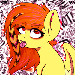 Size: 1500x1500 | Tagged: safe, alternate version, artist:koapony, oc, oc only, pegasus, pony, bleh, ear piercing, eyebrows, eyebrows visible through hair, eyes rolling back, fangs, open mouth, paramore, piercing, scene hair, scene kid, tongue out