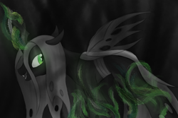 Size: 2250x1500 | Tagged: safe, artist:ahorseofcourse, queen chrysalis, changeling, changeling queen, g4, fangs, female, green eyes, horn, magic, monochrome, neo noir, open mouth, partial color, solo, wings