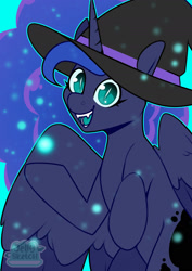 Size: 1280x1811 | Tagged: safe, artist:jellysketch, princess luna, alicorn, pony, g4, cute, female, halloween, hat, holiday, lunabetes, magic, mare, nightmare luna, nightmare night, sharp teeth, signature, slit pupils, solo, teeth, witch hat