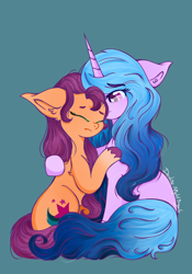 Size: 1280x1833 | Tagged: safe, artist:dashienightingale, izzy moonbow, sunny starscout, earth pony, pony, g5, duo, female, hug, lesbian, sad, ship:moonscout, shipping, simple background