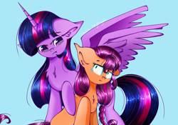 Size: 1280x895 | Tagged: safe, artist:dashienightingale, sunny starscout, twilight sparkle, alicorn, earth pony, pony, g5, the last problem, blue background, chest fluff, duo, female, older, older twilight, older twilight sparkle (alicorn), princess twilight 2.0, simple background, sunny and her heroine, twilight sparkle (alicorn)