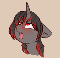 Size: 1531x1488 | Tagged: source needed, safe, artist:yoditax, oc, oc only, oc:ada, pony, unicorn, ahegao, blushing, d'lirium, ears back, female, looking up, mare, open mouth, simple background, solo, tongue out