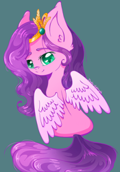 Size: 1280x1833 | Tagged: safe, artist:dashienightingale, pipp petals, pegasus, pony, g5, adorapipp, crown, cute, eyebrows, eyebrows visible through hair, female, green background, jewelry, looking at you, looking back, looking back at you, mare, partially open wings, rear view, regalia, signature, simple background, sitting, smiling, smiling at you, solo, wings