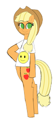 Size: 1246x2725 | Tagged: safe, artist:happyb0y95, applejack, earth pony, pony, g4, applejack's hat, bipedal, clothes, cowboy hat, cute, female, hat, hooves on hips, jackabetes, looking at you, mare, shirt, simple background, smiley face, smiling, solo, transparent background