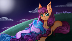 Size: 1192x670 | Tagged: safe, artist:dashienightingale, izzy moonbow, sunny starscout, earth pony, pony, unicorn, g5, cute, duo, female, izzybetes, lesbian, moon, ship:moonscout, shipping, sleeping