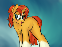 Size: 2110x1600 | Tagged: safe, artist:ahorseofcourse, sunburst, pony, unicorn, g4, blushing, chest fluff, coat markings, cute, female, hair bun, mare, missing accessory, open mouth, open smile, rule 63, smiling, socks (coat markings), solo, sunstone