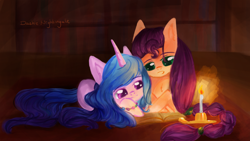 Size: 1192x670 | Tagged: safe, artist:dashienightingale, izzy moonbow, sunny starscout, earth pony, pony, unicorn, g5, candle, cute, duo, female, izzybetes, lesbian, ship:moonscout, shipping, sunnybetes