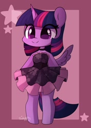 Size: 1449x2048 | Tagged: safe, artist:sakukitty, twilight sparkle, alicorn, pony, semi-anthro, g4, 2022, arm hooves, choker, clothes, cute, dress, female, mare, smiling, solo, twiabetes, twilight sparkle (alicorn)