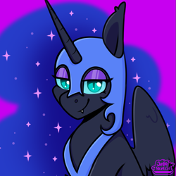 Size: 827x827 | Tagged: safe, artist:jellysketch, nightmare moon, alicorn, pony, g4, armor, bust, ethereal mane, fangs, female, galaxy mane, helmet, horn, lidded eyes, looking at you, mare, nicemare moon, portrait, sidemouth, signature, smiling, solo, tooth, wings
