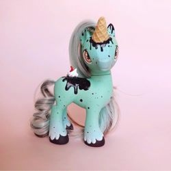 Size: 1080x1080 | Tagged: safe, artist:beccaintoyland, oc, oc:mr. mint, food pony, ice cream pony, pony, unicorn, g4, body markings, curly tail, customized toy, food, freckles, ice cream, ice cream cone, ice cream horn, irl, male, mint, mint chocolate chip, photo, ponified, solo, spotted, stallion, tail, toy, waffle cone, wafflecorn, whipped cream