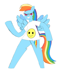 Size: 2345x2972 | Tagged: safe, artist:happyb0y95, rainbow dash, pegasus, pony, g4, bipedal, clothes, cute, dashabetes, female, grin, high res, mare, raised hoof, shirt, simple background, smiley face, smiling, solo, spread wings, transparent background, wings