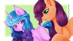 Size: 1920x1080 | Tagged: safe, artist:dashienightingale, izzy moonbow, sunny starscout, earth pony, pony, unicorn, g5, duo, female