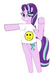 Size: 1941x2940 | Tagged: safe, artist:happyb0y95, starlight glimmer, pony, unicorn, g4, bipedal, clothes, cute, female, glimmerbetes, grin, horn, looking at you, mare, pointing, raised hoof, shirt, simple background, smiley face, smiling, solo, transparent background