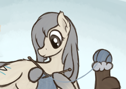 Size: 1262x898 | Tagged: safe, artist:ahorseofcourse, oc, oc only, oc:current seeker, pony, yakutian horse, boot, female, hair over one eye, hoof hold, knitting, knitting needles, lying down, mare, prone, solo, yarn, yarn ball