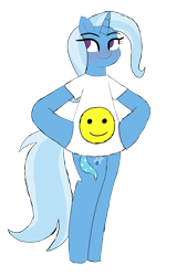 Size: 2024x3000 | Tagged: safe, artist:happyb0y95, trixie, pony, unicorn, g4, bipedal, blushing, clothes, cute, diatrixes, female, high res, horn, looking away, mare, shirt, simple background, smiley face, smiling, solo, transparent background