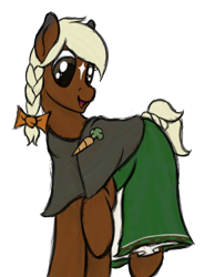 Size: 1162x1499 | Tagged: safe, artist:ahorseofcourse, earth pony, pony, bow, braid, clothes, dress, female, hair bow, mare, miss /mlp/, miss /mlp/ 2021, open mouth, open smile, raised hoof, raised leg, simple background, smiling, solo, transparent background, verity