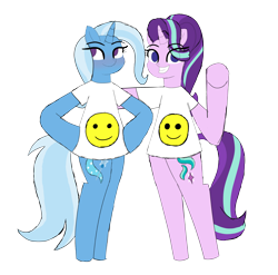 Size: 2986x2954 | Tagged: safe, artist:happyb0y95, starlight glimmer, trixie, pony, unicorn, g4, bipedal, blushing, clothes, cute, diatrixes, duo, female, glimmerbetes, grin, high res, horn, looking at you, looking away, mare, raised hoof, shirt, simple background, smiley face, smiling, transparent background