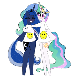 Size: 3080x3223 | Tagged: safe, artist:happyb0y95, princess celestia, princess luna, alicorn, pony, g4, bipedal, blushing, clothes, crown, cute, duo, eyes closed, female, grin, high res, horn, jewelry, mare, regalia, royal sisters, shirt, siblings, simple background, sisters, smiley face, smiling, transparent background
