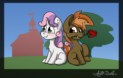 Size: 1395x885 | Tagged: safe, artist:agent-diego, button mash, sweetie belle, earth pony, pony, unicorn, g4, blushing, colt, female, filly, flower, foal, male, ponyville schoolhouse, rose, ship:sweetiemash, shipping, straight