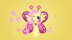 Size: 2048x1152 | Tagged: safe, artist:rocio_violeta24, fluttershy, pegasus, pony, g4, cutie mark background, element of kindness, female, gradient background, mare, solo