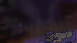 Size: 1600x900 | Tagged: safe, artist:tyrannisumbra, oc, oc only, oc:spellweaver, pony, unicorn, blank stare, blurry background, bookshelf, complex background, crying, dark background, depressed, dresser, empty eyes, female, mare, poster, sad, solo