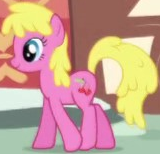 Size: 160x154 | Tagged: safe, screencap, cherry berry, earth pony, pony, friendship is magic, g4, alternate eye color, animation error, background character, background pony, cropped, female, mare, smiling, solo, walking, wrong eye color
