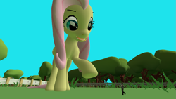 Size: 1595x897 | Tagged: safe, artist:docteurcinematicstudio, artist:mothra72, fluttershy, human, pegasus, pony, g4, 3d, giant pony, macro, shrinking, size comparison, smiling, tiny, wings