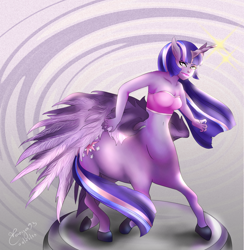 Size: 4000x4093 | Tagged: safe, artist:vanya93, twilight sparkle, alicorn, centaur, pony, g4, absurd resolution, alitaur, bandeau, belly button, blurry background, breasts, busty twilight sparkle, centaur twilight, centaurified, centaurworld, cleavage, crossover, digital painting, female, glowing, glowing horn, horn, no more ponies at source, reasonably sized breasts, solo, species swap, twilight sparkle (alicorn)