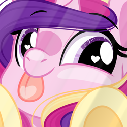 Size: 2000x2000 | Tagged: safe, artist:emberslament, derpibooru exclusive, princess cadance, alicorn, pony, g4, bust, cheek squish, cute, cutedance, eyebrows, eyebrows visible through hair, female, heart, heart eyes, high res, licking, licking the fourth wall, looking at you, mare, smiling, smiling at you, solo, squishy cheeks, tongue out, wingding eyes