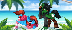 Size: 2560x1080 | Tagged: safe, artist:airiniblock, oc, oc only, oc:kendall wilson, oc:lucid heart, pegasus, pony, rcf community, beach, clothes, commission, duo, ear fluff, female, love, male, mare, ocean, pegasus oc, socks, tree, water, wingding eyes, wings