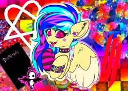 Size: 1538x1088 | Tagged: safe, artist:koapony, oc, oc only, oc:koa, pegasus, pony, bracelet, choker, clothes, colored wings, colored wingtips, death note, ear piercing, earring, emo, eye clipping through hair, eyebrows, eyebrows visible through hair, fangs, jewelry, looking at you, open mouth, open smile, piercing, scene hair, scene kid, smiling, socks, spiked choker, spread wings, striped socks, tongue out, two toned wings, wings