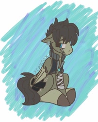 Size: 768x949 | Tagged: safe, artist:punk-blades, oc, oc only, oc:cassio, pegasus, pony, abstract background, bandage, jewelry, male, necklace, sitting, solo, stallion