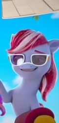 Size: 344x708 | Tagged: safe, screencap, sugar moonlight, sunny starscout, earth pony, pony, ali-conned, g5, my little pony: make your mark, my little pony: make your mark chapter 2, spoiler:my little pony: make your mark, spoiler:my little pony: make your mark chapter 2, spoiler:mymc02e04, cropped, female, grin, looking at someone, mane stripe sunny, mare, offscreen character, sky, smiling, solo focus, sparkly mane, spoiler image, sunglasses