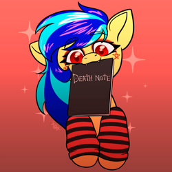 Size: 1500x1500 | Tagged: safe, artist:koapony, oc, oc:koa, pony, book, clothes, death note, eyebrows, eyebrows visible through hair, fangs, leg warmers, looking at you, mouth hold, solo, sparkles