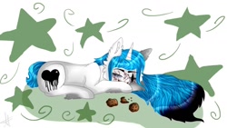 Size: 1280x720 | Tagged: safe, artist:deadsmoke, oc, oc:snowflake white, pony, unicorn, cookie, food, solo