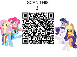 Size: 1183x877 | Tagged: safe, artist:cloudy glow, artist:famousmari5, artist:ohitison, artist:tomfraggle, artist:xxphantomxxx, applejack, fluttershy, pinkie pie, rainbow dash, rarity, twilight sparkle, alicorn, earth pony, pegasus, pony, unicorn, g4, april fools, april fools 2023, april fools joke, female, mare, open mouth, open smile, qr code, raised hoof, rickroll, smiling, twilight sparkle (alicorn)