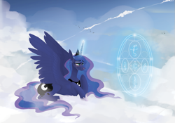 Size: 877x614 | Tagged: safe, artist:thevixvix, princess luna, alicorn, pony, g4, cloud, crying, female, lying down, lying on a cloud, magic, mare, on a cloud, solo