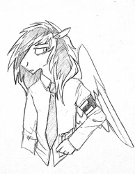 Size: 995x1280 | Tagged: safe, artist:thevixvix, oc, oc only, pegasus, anthro, male, monochrome, necktie, solo