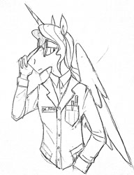 Size: 984x1280 | Tagged: safe, artist:thevixvix, oc, oc only, alicorn, anthro, glasses, male, monochrome, solo