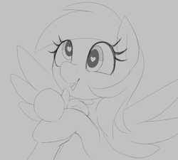 Size: 730x656 | Tagged: safe, artist:thebatfang, derpy hooves, human, pegasus, pony, g4, cute, derpabetes, female, grayscale, hand, heart, heart eyes, mare, monochrome, simple background, spread wings, wingding eyes, wings