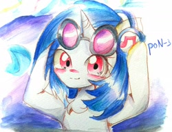 Size: 2160x1647 | Tagged: safe, artist:うめおにぎり, dj pon-3, vinyl scratch, pony, unicorn, g4, blushing, female, glasses, headphones, looking at you, mare, solo, traditional art