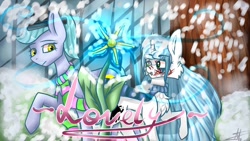 Size: 1280x720 | Tagged: safe, artist:deadsmoke, oc, oc:kate sanders, oc:snowflake white, pony, cold, flower, lovely, magic, snow, snowfall, thumbnail, winter