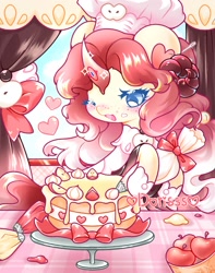 Size: 1575x2000 | Tagged: safe, artist:pinkdorisss, pony, unicorn, baking, cake, female, food, mare, one eye closed, solo