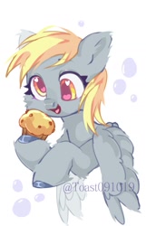 Size: 925x1440 | Tagged: safe, artist:toast091019, derpy hooves, pegasus, pony, g4, bubble, female, food, heart, heart eyes, mare, muffin, open mouth, open smile, simple background, smiling, solo, spread wings, white background, wingding eyes, wings