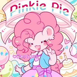 Size: 2000x2000 | Tagged: safe, artist:pinkdorisss, pinkie pie, human, equestria girls, g4, blushing, eared humanization, eyes closed, high res, humanized, peace sign, solo