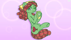 Size: 1920x1080 | Tagged: safe, artist:koapony, tree hugger, earth pony, pony, g4, eyebrows, eyebrows visible through hair, food, looking at you, mug, one eye closed, smiling, solo, tea, underhoof, wink, winking at you