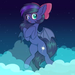 Size: 1700x1700 | Tagged: safe, alternate version, artist:koapony, oc, oc only, bat pony, pony, bow, cloud, eyebrows, eyebrows visible through hair, freckles, glasses, hair bow, heterochromia, looking at you, night, night sky, open mouth, sky, solo, spread wings, stars, wings