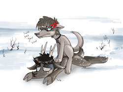 Size: 1000x750 | Tagged: safe, artist:thevixvix, oc, oc only, deer, dog, collar, duo, sitting on person, snow